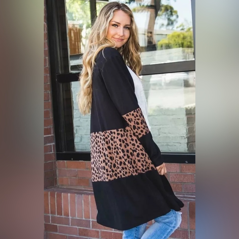 Tickled Teal Medium Leopard Print Colorblock Cardigan